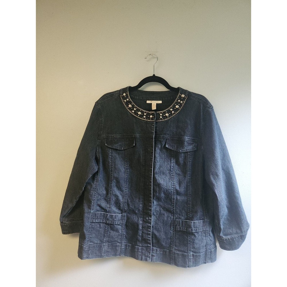 JM Collection dark blue denim‎ beaded cotton blend 3/4 sleeve jacket 14